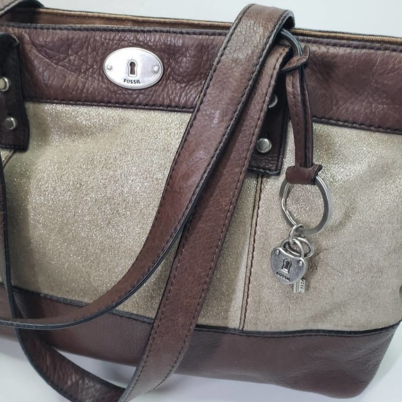 Fossil Zip Top Shoulder Bag Tote Leather Shimmer Fabric Purse - Picture 2 of 13